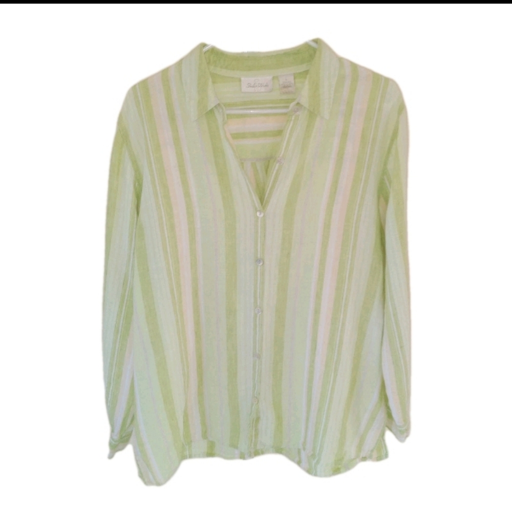 Vintage Studio Works Green Striped Lined Button Front Shirt Large
